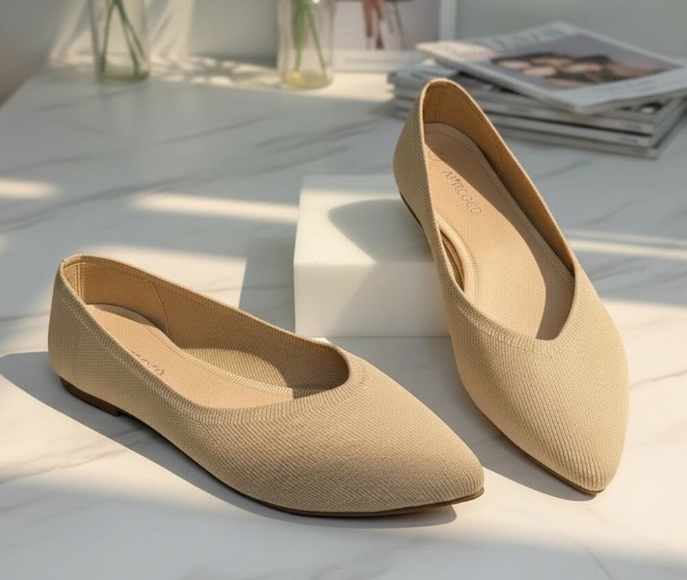 AprCoco Women's Knit Ballet Flats Size 8 Almond Beige Pointed Toe Slip On Shoes